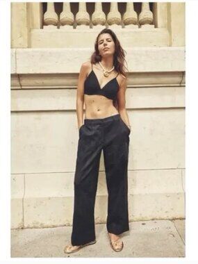 NWT Zara Embroidered Eyelet Boho Navy Blue Trousers Cotton Pants w 2 side Pocket